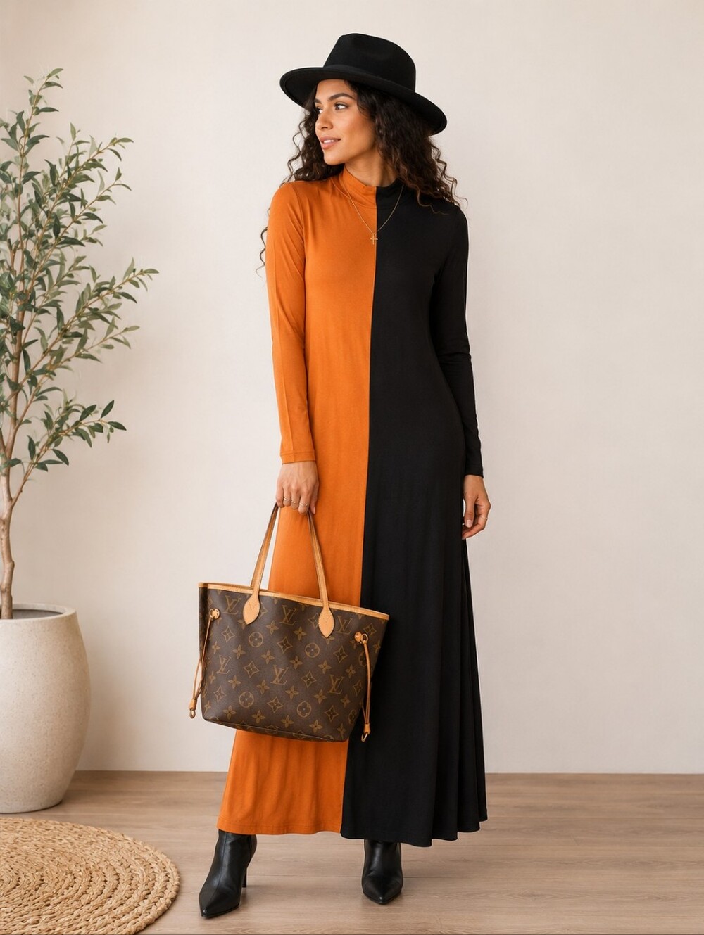 Colorblock Long Sleeve Maxi Dress in Black & Burnt Orange